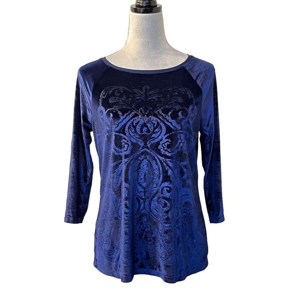 Chico's Womens Blue Embossed Velvet 3/4 Sleeve Blouse Sz 0 Holiday Party Stretch - Picture 1 of 8